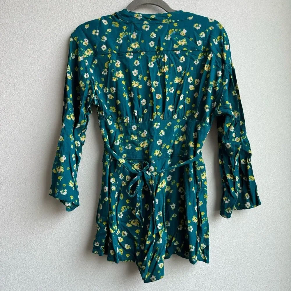 Free People L’amour Floral Printed Green Ruffle Romper Playsuit Size 0 Size XS